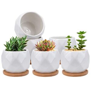 jucoan 6 pack ceramic succulent planter pot with bamboo tray, 4 inches small white diamond shaped cactus herb flowers planter with drainage hole