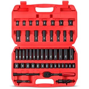 kboisha 3/8" drive impact socket set,49-piece 6 point socket set standard sae and metric sizes (5/16-inch to 3/4-inch and 8-22 mm) cr-v steel sockets with adapters & ratchet handle