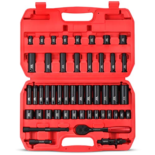 KBOISHA 3/8" Drive Impact Socket Set,49-Piece 6 Point Socket Set Standard SAE and Metric Sizes (5/16-Inch to 3/4-Inch and 8-22 mm) Cr-V Steel Sockets with Adapters & Ratchet Handle