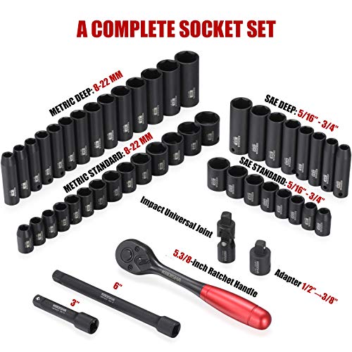 KBOISHA 3/8" Drive Impact Socket Set,49-Piece 6 Point Socket Set Standard SAE and Metric Sizes (5/16-Inch to 3/4-Inch and 8-22 mm) Cr-V Steel Sockets with Adapters & Ratchet Handle