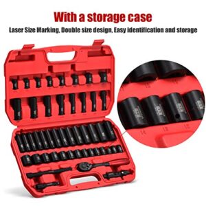 KBOISHA 3/8" Drive Impact Socket Set,49-Piece 6 Point Socket Set Standard SAE and Metric Sizes (5/16-Inch to 3/4-Inch and 8-22 mm) Cr-V Steel Sockets with Adapters & Ratchet Handle