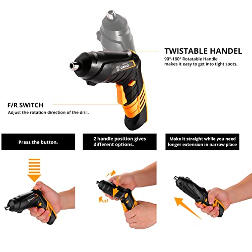 DEKOPRO Cordless Screwdriver, 3.6V Electric Screwdriver Household Battery Rechargeable Drill Driver Power, 47pcs Accessories, Adjustable 2 Position, USB Rechargeable with LED Light