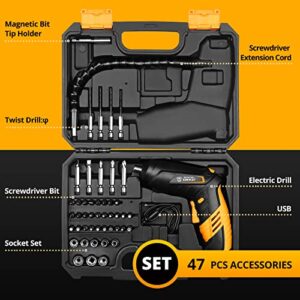 DEKOPRO Cordless Screwdriver, 3.6V Electric Screwdriver Household Battery Rechargeable Drill Driver Power, 47pcs Accessories, Adjustable 2 Position, USB Rechargeable with LED Light