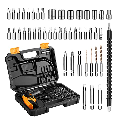 DEKOPRO Cordless Screwdriver, 3.6V Electric Screwdriver Household Battery Rechargeable Drill Driver Power, 47pcs Accessories, Adjustable 2 Position, USB Rechargeable with LED Light