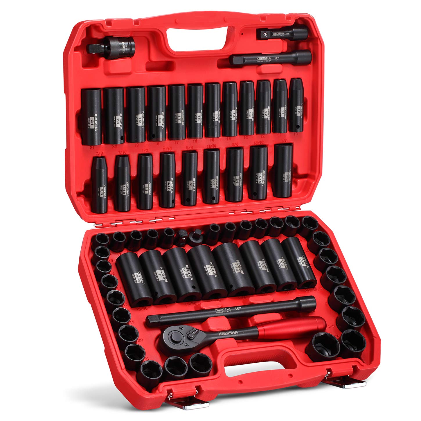 KBOISHA 1/2" Master Drive Impact Socket Set,65-Piece 6 Point Socket Set Standard SAE and Metric Sizes CR-V Steel Sockets with Adapters & Ratchet Handle