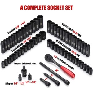 KBOISHA 1/2" Master Drive Impact Socket Set,65-Piece 6 Point Socket Set Standard SAE and Metric Sizes CR-V Steel Sockets with Adapters & Ratchet Handle