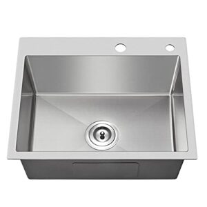 menatt 20-inch drop in kitchen sink, sus304 stainless steel top-mount handmade kitchen rv sink, single bowl sink with basket strainer, 20"*16"*9" (brushed)