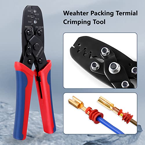 Knoweasy 1424B Weatherpack Crimp Tool - Works for Molex, Delphi, Amp, Tyco, Harley, PC, Automotive - AWG 24-14 Wire Crimper