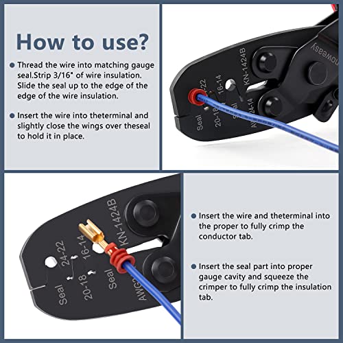 Knoweasy 1424B Weatherpack Crimp Tool - Works for Molex, Delphi, Amp, Tyco, Harley, PC, Automotive - AWG 24-14 Wire Crimper