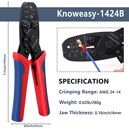 Knoweasy 1424B Weatherpack Crimp Tool - Works for Molex, Delphi, Amp, Tyco, Harley, PC, Automotive - AWG 24-14 Wire Crimper