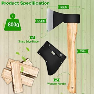 sanyi Camping Axe, Hatchet for Wood Splitting and Chopping, 15'' Gardening Small Axe Wooden Handle Tools with Sheath for Camping, Hiking, Xmas Gifts for Husband, Dad, Men