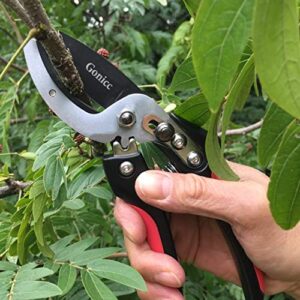 Gonicc 8" Professional SK-5 Steel Blade Anvil Pruning Shears(GPPS-1010) and 7.3" Bonsai Scissors(GPPS-1012), Cushion and shock absorber design, Ergonomically Design Handle.