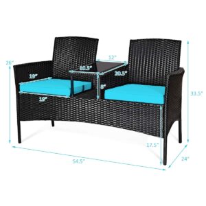 Tangkula Wicker Patio Conversation Furniture Set, Outdoor Furniture Set with Removable Cushions & Table, Tempered Glass Top, Modern Rattan Bench for Garden Lawn Backyard (Turquoise)