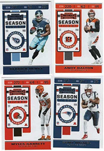 2019 Panini NFL Contenders Football Complete Season Ticket Set of 100 Cards (Veterans only, without rookies) including cards of Stars Patrick Mahomes III, Lamar Jackson (2nd Year Card) Josh Allen (2nd Year Card), George Kittle, Travis Kelce, Pat Tillman,