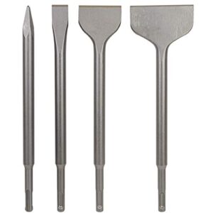 sabre tools sds plus 4-piece chisel set, thinset scraping bit 3” x 10” thinset scaling chisel, point chisel, flat chisel, wide chisel - sds chisel bits for hammer drills – tile removal