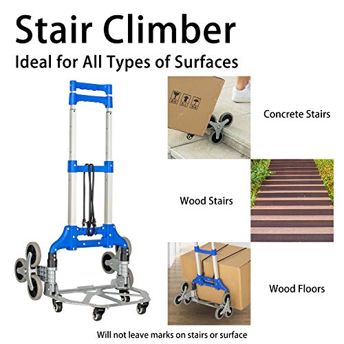 Fullwatt Stair Climbing Cart, Folding Stair Climber Dolly with 155 Lbs, 3 Wheels Hand Truck with 27''-42'' Telescoping Handle, 4 Universal Wheels & 2 Elastic Ropes Easily Lift Items Up and Down Steps