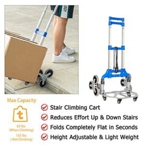 Fullwatt Stair Climbing Cart, Folding Stair Climber Dolly with 155 Lbs, 3 Wheels Hand Truck with 27''-42'' Telescoping Handle, 4 Universal Wheels & 2 Elastic Ropes Easily Lift Items Up and Down Steps