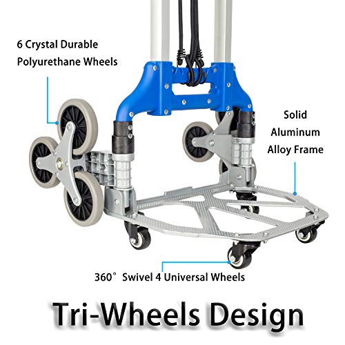 Fullwatt Stair Climbing Cart, Folding Stair Climber Dolly with 155 Lbs, 3 Wheels Hand Truck with 27''-42'' Telescoping Handle, 4 Universal Wheels & 2 Elastic Ropes Easily Lift Items Up and Down Steps
