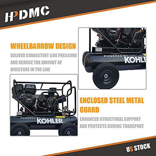 HPDMC 6.5HP Gas Driven Piston Air Pump KOHLER RH65 Engine Belt drive gas-powered 20-Gal Hor Tank 17cfm @125psi for Workshop Compressor Portable Compressed System