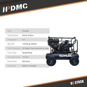 HPDMC 6.5HP Gas Driven Piston Air Pump KOHLER RH65 Engine Belt drive gas-powered 20-Gal Hor Tank 17cfm @125psi for Workshop Compressor Portable Compressed System