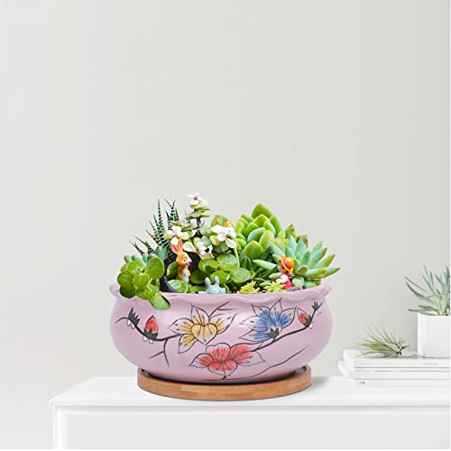 G EPGardening 8 Inch Ceramic Succulent Planter Pot with Drainage Hole Round Shallow Bonsai Planter Pot with Bamboo Saucer Flower Pot for Indoor Plants Pink