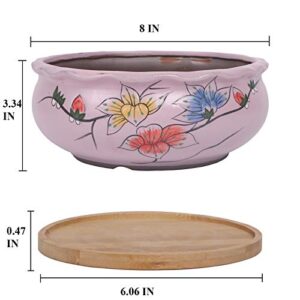 G EPGardening 8 Inch Ceramic Succulent Planter Pot with Drainage Hole Round Shallow Bonsai Planter Pot with Bamboo Saucer Flower Pot for Indoor Plants Pink