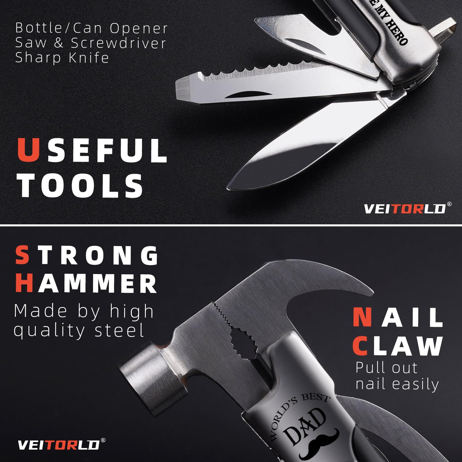 VEITORLD All in One Survival Tools Hammer Multitool with Engraved Wooden Box, Dad Gifts for Christmas, Cool Gifts for Dad Stepdad Who Wants Nothing, Stocking Stuffers for Dad, Personalized Gifts