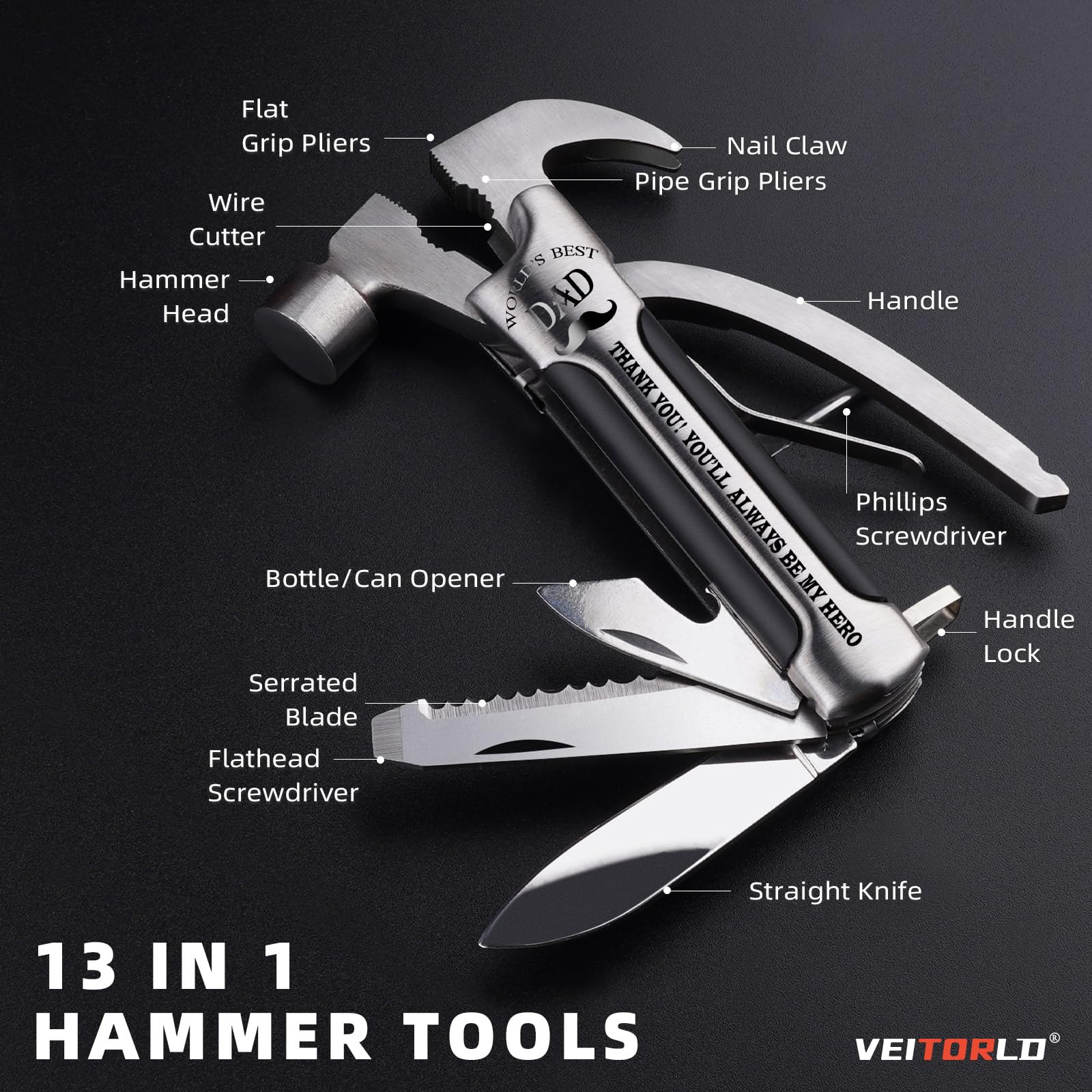 VEITORLD All in One Survival Tools Hammer Multitool with Engraved Wooden Box, Dad Gifts for Christmas, Cool Gifts for Dad Stepdad Who Wants Nothing, Stocking Stuffers for Dad, Personalized Gifts