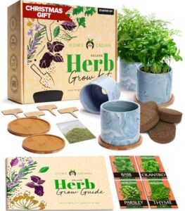 4 herb garden starter kit indoor: complete grow kit w/deluxe ceramic pots & soil - diy herb seeds to plant, window garden home growing kit - best plant gifts for women, unique gifts for cooks