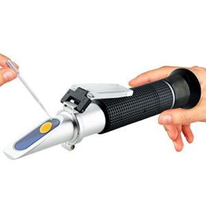 synra refractometer, provides accurate brix, moisture, and baume measurements, non-slip grip, multi-functional and easy to calibrate, with protective case
