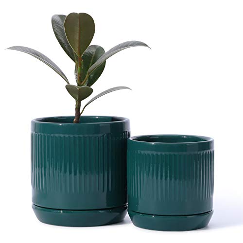 POTEY 053205 Ceramic Planter Pots - Glazed Modern Planters Flower Pot Indoor Bonsai Container with Drainage Holes & Saucer for Plants Aloe(5.1 + 4.2 Inch, Shiny Green, Set of 2, Plants Not Included)