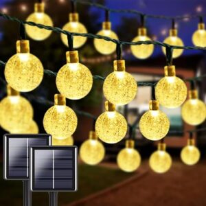 super bright 2-pack 100led 64ft crystal globe solar christmas lighs outdoor, waterproof with 8 lighting modes, solar string lights for outside christmas tree patio christmas decorations (warm white)