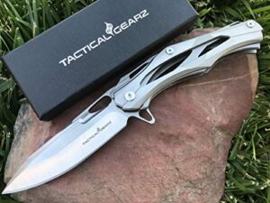 tactical gearz ss pocket knife! tg kronus, brushed nickel stainless steel handle! sharp 7cr17mov stainless steel blade! ballbearing! includes sheath!