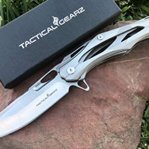 TACTICAL GEARZ SS Pocket Knife! TG Kronus, Brushed Nickel Stainless Steel Handle! Sharp 7Cr17mov Stainless Steel Blade! BallBearing! Includes Sheath!