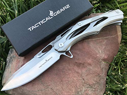 TACTICAL GEARZ SS Pocket Knife! TG Kronus, Brushed Nickel Stainless Steel Handle! Sharp 7Cr17mov Stainless Steel Blade! BallBearing! Includes Sheath!