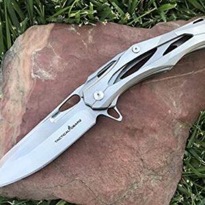 TACTICAL GEARZ SS Pocket Knife! TG Kronus, Brushed Nickel Stainless Steel Handle! Sharp 7Cr17mov Stainless Steel Blade! BallBearing! Includes Sheath!