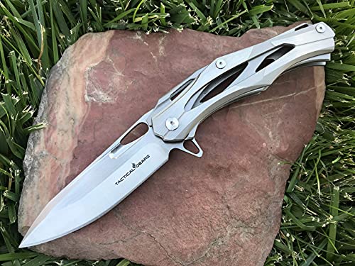 TACTICAL GEARZ SS Pocket Knife! TG Kronus, Brushed Nickel Stainless Steel Handle! Sharp 7Cr17mov Stainless Steel Blade! BallBearing! Includes Sheath!