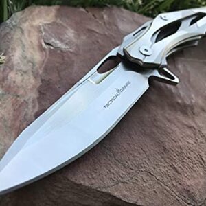 TACTICAL GEARZ SS Pocket Knife! TG Kronus, Brushed Nickel Stainless Steel Handle! Sharp 7Cr17mov Stainless Steel Blade! BallBearing! Includes Sheath!