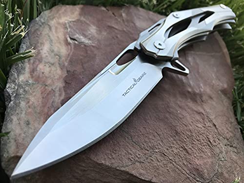 TACTICAL GEARZ SS Pocket Knife! TG Kronus, Brushed Nickel Stainless Steel Handle! Sharp 7Cr17mov Stainless Steel Blade! BallBearing! Includes Sheath!