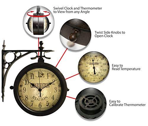 Infinity Instruments Charelston Outdoor Clock, Waterproof Double Sided Train Station Clock & Thermometer