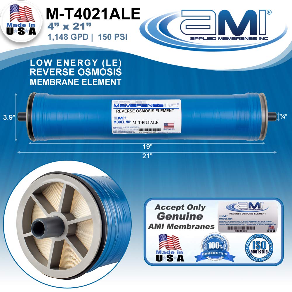 APPLIED MEMBRANES INC. 4" x 21" Low Pressure Reverse Osmosis Membrane Element for RO Tap Water Treatment System | 1,148 GPD @ 150 psi Low Energy | M-T4021ALE