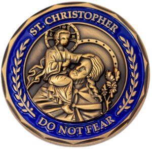 saint christopher, do not fear, protection catholic challenge coin. do not be afraid, do not be dismayed for i am your god, i will strengthen you & help you. antique gold-color plated travel coin