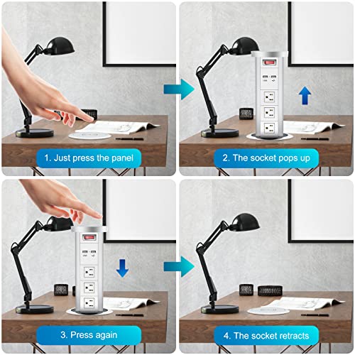 Automatic Pop Up Power Outlet, Popup Wireless Charging Station with 3AC Plugs + 2 USB, Pop up Electrical Outlets for Countertops, Recessed Hidden Outlet for Kitchen Island Conference (Silver White)