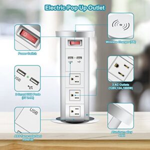 Automatic Pop Up Power Outlet, Popup Wireless Charging Station with 3AC Plugs + 2 USB, Pop up Electrical Outlets for Countertops, Recessed Hidden Outlet for Kitchen Island Conference (Silver White)
