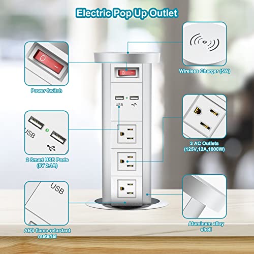 Automatic Pop Up Power Outlet, Popup Wireless Charging Station with 3AC Plugs + 2 USB, Pop up Electrical Outlets for Countertops, Recessed Hidden Outlet for Kitchen Island Conference (Silver White)