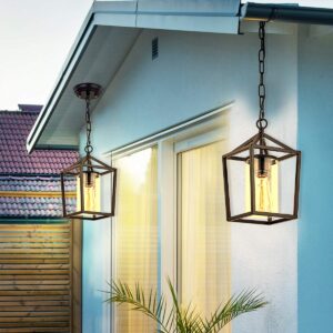 Capslpad Outdoor Pendant Light for Porch,1-Light Modern Metal Vintage Cage Hanging Lantern Light Adjustable Pendant Light Fixtures with Glass Shade for Porch,Entryway,Doorway,Farmhouse,Foyer