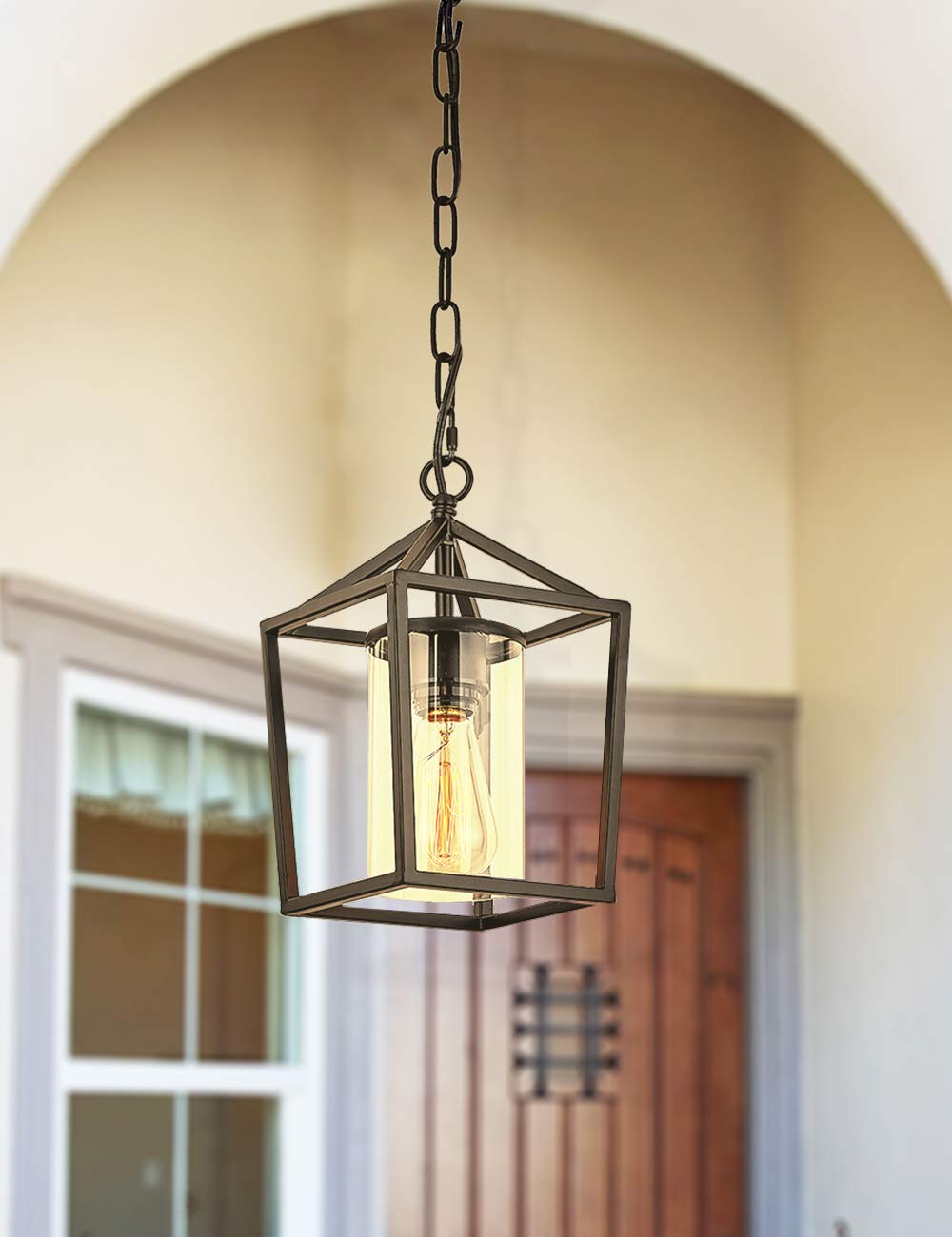 Capslpad Outdoor Pendant Light for Porch,1-Light Modern Metal Vintage Cage Hanging Lantern Light Adjustable Pendant Light Fixtures with Glass Shade for Porch,Entryway,Doorway,Farmhouse,Foyer