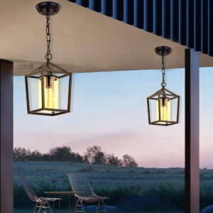 Capslpad Outdoor Pendant Light for Porch,1-Light Modern Metal Vintage Cage Hanging Lantern Light Adjustable Pendant Light Fixtures with Glass Shade for Porch,Entryway,Doorway,Farmhouse,Foyer