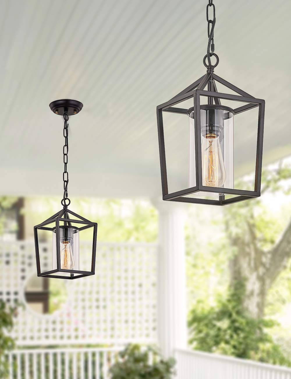 Capslpad Outdoor Pendant Light for Porch,1-Light Modern Metal Vintage Cage Hanging Lantern Light Adjustable Pendant Light Fixtures with Glass Shade for Porch,Entryway,Doorway,Farmhouse,Foyer