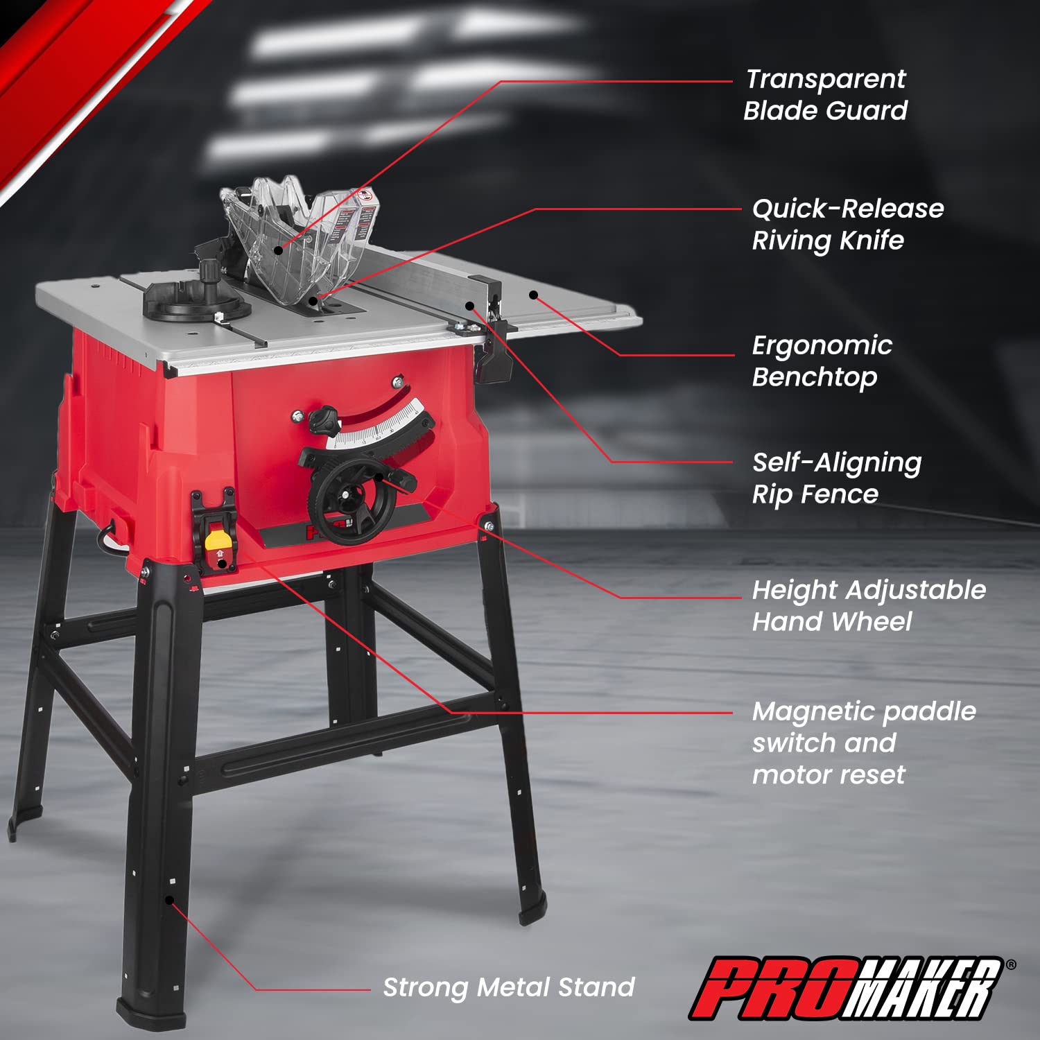 PROMAKER Table Saw, 10-inch 15.5-Amp 5000RPM 1800W, Benchtop Table Saw, from 0-45º up to 0º-90º Bevel cut. Table saw 10 inch with metal stand for woodworking including a Saw Blade. PRO-SB1800